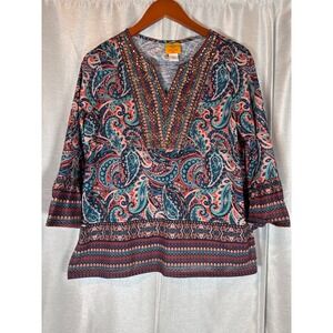 Ruby Rd Petite‎ Beaded Paisley Print Tunic Top Blouse 3/4 Sleeve Women